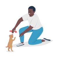 propietario jugando con un pequeño cachorro de carácter vectorial de color semi plano. figura sentada. persona de cuerpo entero en blanco. Adopción animal aislado ilustración de estilo de dibujos animados moderno para diseño gráfico y animación vector