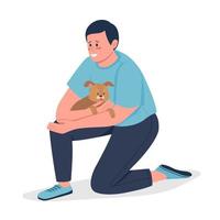 Man hugging puppy semi flat color vector character. Sitting figure. Full body person on white. Pet adoption isolated modern cartoon style illustration for graphic design and animation