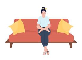 Sad woman sitting on couch semi flat color vector character