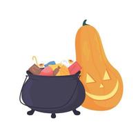 Cauldron with candies and pumpkin lantern semi flat color vector item