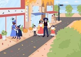 Halloween celebration on street flat color vector illustration