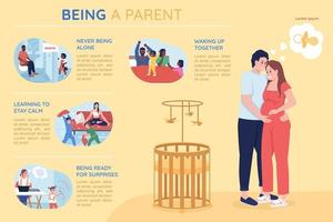 Being a parent flat color vector infographic template. Father and mother with kids. Poster with text, PPT page concept design with cartoon characters. Creative data visualization. Info banner idea