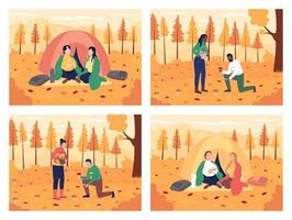 Couple camping in autumn flat color vector illustration set. Partners collecting mushrooms in woods. Boyfriend and girlfriend together 2D cartoon characters with landscape on background pack