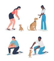 Owners playinh with pets semi flat color vector character set