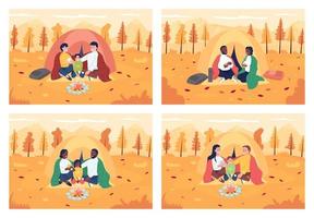 Family camping during fall flat color vector illustration set