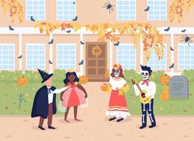 Children in Halloween costumes flat color vector illustration