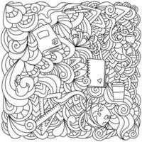 School supplies and many abstract patterns, fantasy tangled coloring page on learning theme vector