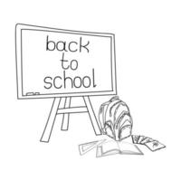 Back to school coloring page set, school board, backpack, book, notebooks, ruler and inscription, vector outline illustration