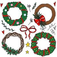 Christmas wreath set with winter floral elements. Season greeting card vector