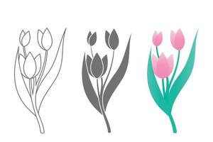 Conjunto de arte de línea vectorial de tulipanes, flores de primavera. Flor de tulipán. Ilustración de tulipán. vector