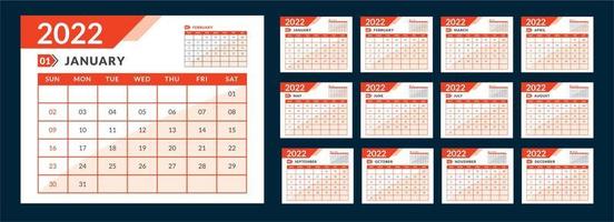 Monthly calendar template for 2022 year. Week starts on Sunday. Wall calendar vector