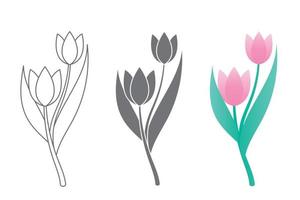 Conjunto de arte de línea vectorial de tulipanes, flores de primavera. Flor de tulipán. Ilustración de tulipán. vector