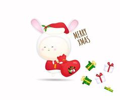 Cute baby in costume carrying a presents sack for christmas holiday Premium Vector