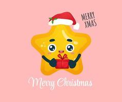 Cute little star holding gift with santa hat for merry christmas illustration Premium Vector