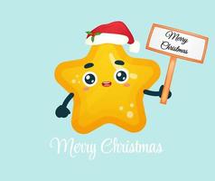 Cute little star holding christmas sign with santa hat for merry christmas illustration Premium Vector