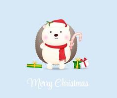 lindo erizo sosteniendo bastón de caramelo para feliz navidad ilustración vector premium