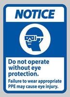 Notice Sign Do Not Operate Without Eye Protection, Failure To Wear Appropriate PPE May Cause Eye Injury vector