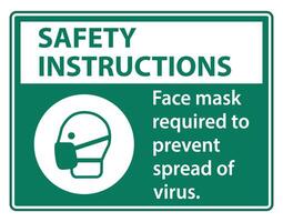 Safety Instructions  Face mask required to prevent spread of virus sign on white background vector