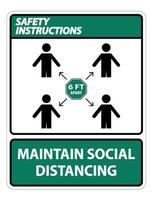 las instrucciones de seguridad mantienen el distanciamiento social, manténgase a una distancia de 6 pies, signo de coronavirus covid-19 aislado sobre fondo blanco, ilustración vectorial eps.10 vector