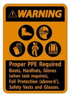 Warning Sign Proper PPE Required Boots, Hardhats, Gloves When Task Requires Fall Protection With PPE Symbols vector