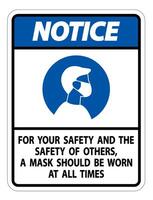 Notice For Your Safety And Others Mask At All Times Sign on white background vector