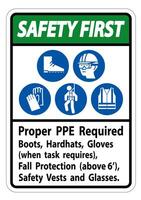 Safety First Sign Proper PPE Required Boots, Hardhats, Gloves When Task Requires Fall Protection With PPE Symbols vector