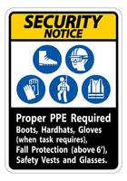 Security Notice Sign Proper PPE Required Boots, Hardhats, Gloves When Task Requires Fall Protection With PPE Symbols vector