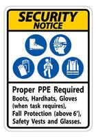 Security Notice Sign Proper PPE Required Boots, Hardhats, Gloves When Task Requires Fall Protection With PPE Symbols vector