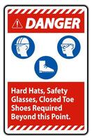 Danger Sign Hard Hats, Safety Glasses, Closed Toe Shoes Required Beyond This Point vector