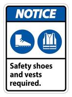 Señal de aviso Se requieren zapatos y chaleco de seguridad con símbolos de ppe sobre fondo blanco. vector