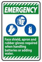 Emergency Sign Face Shield, Apron And Rubber Gloves Required When Handling Batteries or Adding Water With PPE Symbols vector