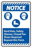 Notice Sign Hard Hats, Safety Glasses, Closed Toe Shoes Required Beyond This Point vector