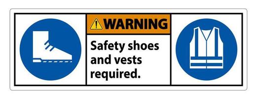Señal de advertencia Se requiere calzado y chaleco de seguridad con símbolos de ppe sobre fondo blanco. vector