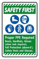 Safety First Sign Proper PPE Required Boots, Hardhats, Gloves When Task Requires Fall Protection With PPE Symbols vector