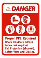 Danger Sign Proper PPE Required Boots, Hardhats, Gloves When Task Requires Fall Protection With PPE Symbols vector