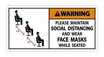 Warning Maintain Social Distancing Wear Face Masks Sign on white background vector