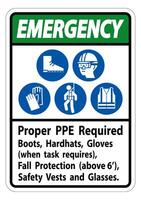 Emergency Sign Proper PPE Required Boots, Hardhats, Gloves When Task Requires Fall Protection With PPE Symbols vector