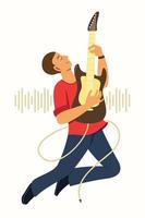 Man Play the Electric Guitar While Jump Up. vector