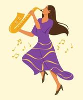 Woman Play the Saxophone While Jump Up. vector