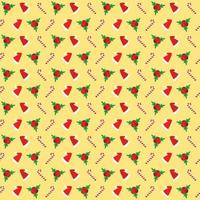 Christmas Wallpaper with Seamless Pattern Elements of Candy Cane, Red Hat and Holly Leaf. vector