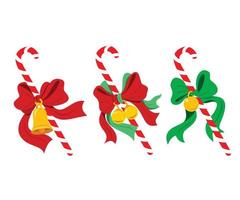 Set of Candy Canes with Bow Ribbons and Bells for the Christmas Elements. vector