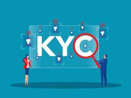 kyc o conozca a su cliente con el negocio verificando la identidad del concepto de sus clientes en los futuros socios a través de un ilustrador de vectores de lupa