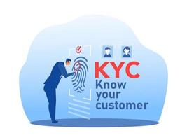 kyc o conozca a su cliente con el negocio verificando la identidad del concepto de sus clientes en los futuros socios a través de un ilustrador de vectores de lupa