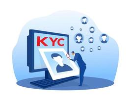 kyc o conozca a su cliente con el negocio verificando la identidad del concepto de sus clientes en los futuros socios a través de un ilustrador de vectores de lupa