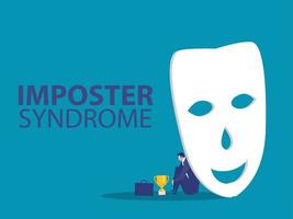 Imposter syndrome man standing behind mask . Anxiety and lack of self confidence at work the person fakes is someone else vector