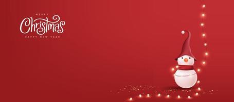 Merry Christmas banner with snowman and fairy Light on red background vector