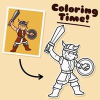 Illustration vector graphic outlined and colored cartoon character of Viking boy with with sword and shield. Suitable for children coloring book.