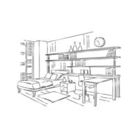 Modern offices empty rooms interior workplaces with hand drawn furniture sketch