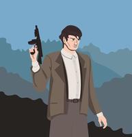 A man in the mountains with a gun, a character waist-deep. Vector graphics