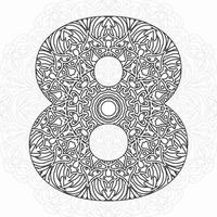 número 8 con mandala. adorno decorativo en estilo étnico oriental. página de libro para colorear. vector